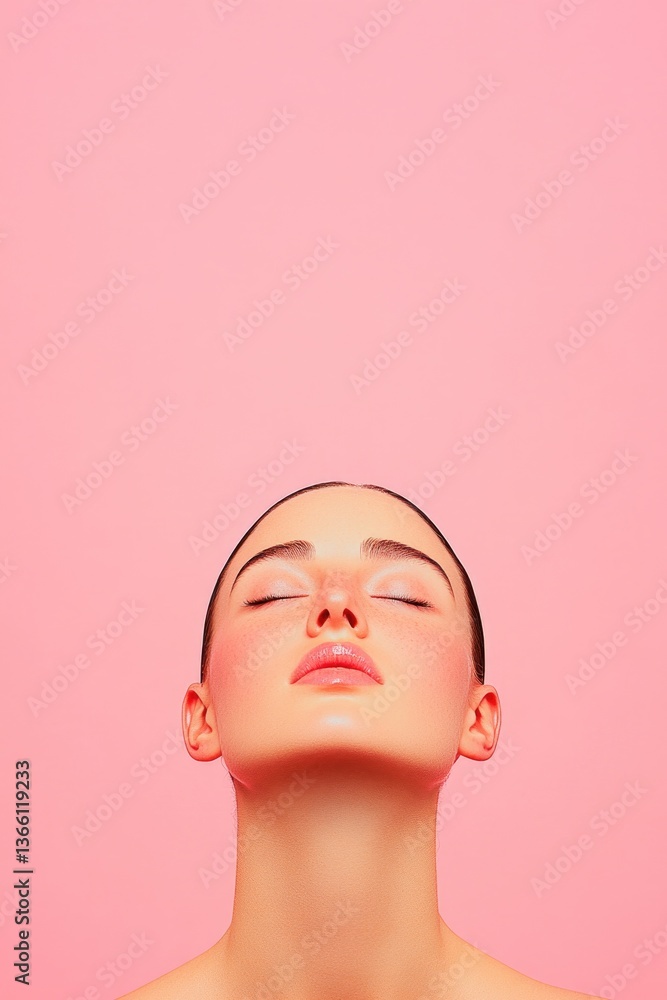 Poster doll-like portrait of individual centered on smooth solid background with ample copy space