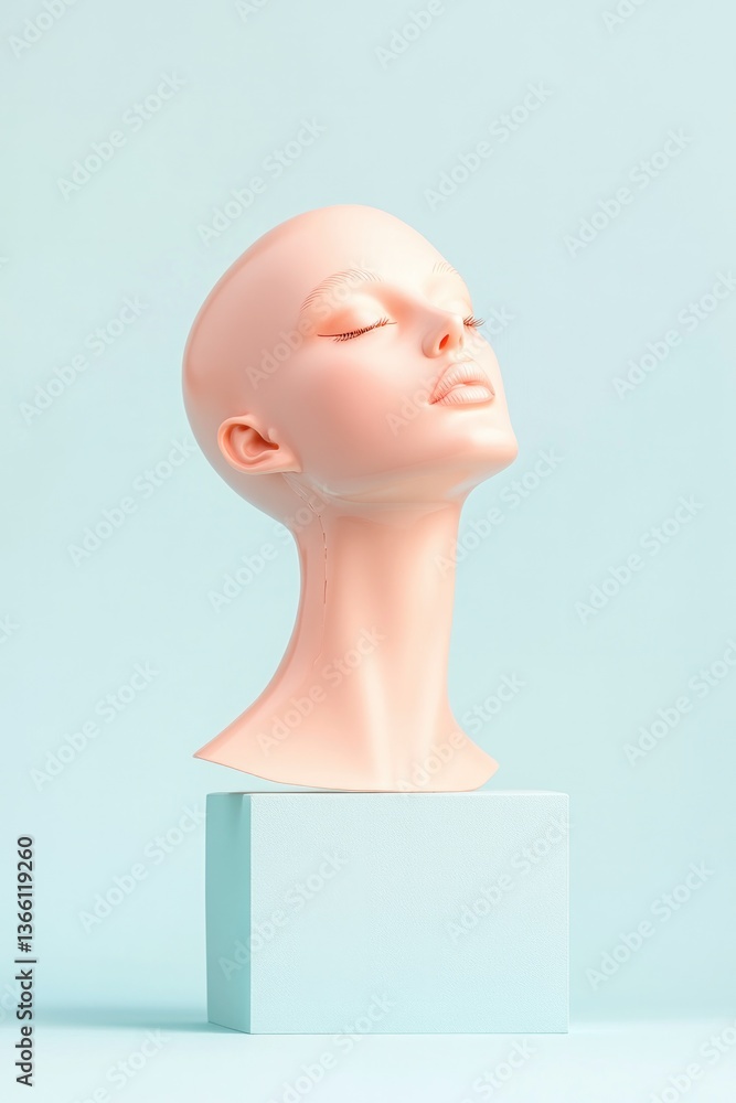 Poster doll-like portrait of individual centered on smooth solid background with ample copy space