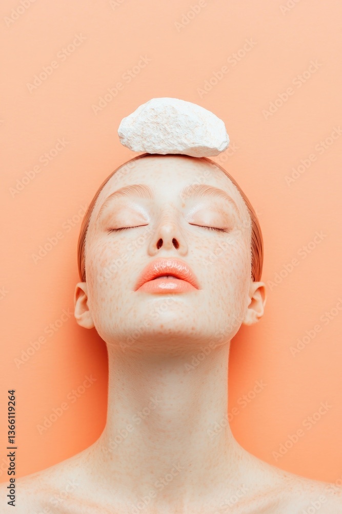 Poster doll-like portrait of individual centered on smooth solid background with ample copy space