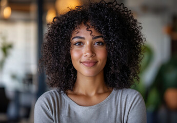Fototapeta premium An attractive Black woman with curly hair smiles warmly in a well-lit indoor environment. The background features greenery and modern decor, creating a welcoming atmosphere