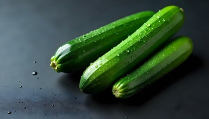 Two fresh green zucchini with water droplets on a dark, textured surface