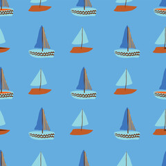Colorful sailboats on blue sea pattern with vibrant nautical theme Vector seamless Pattern