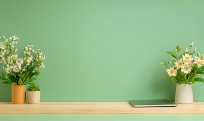 Green Wall Indoor Setting for Job Interview with Flower Arrangements