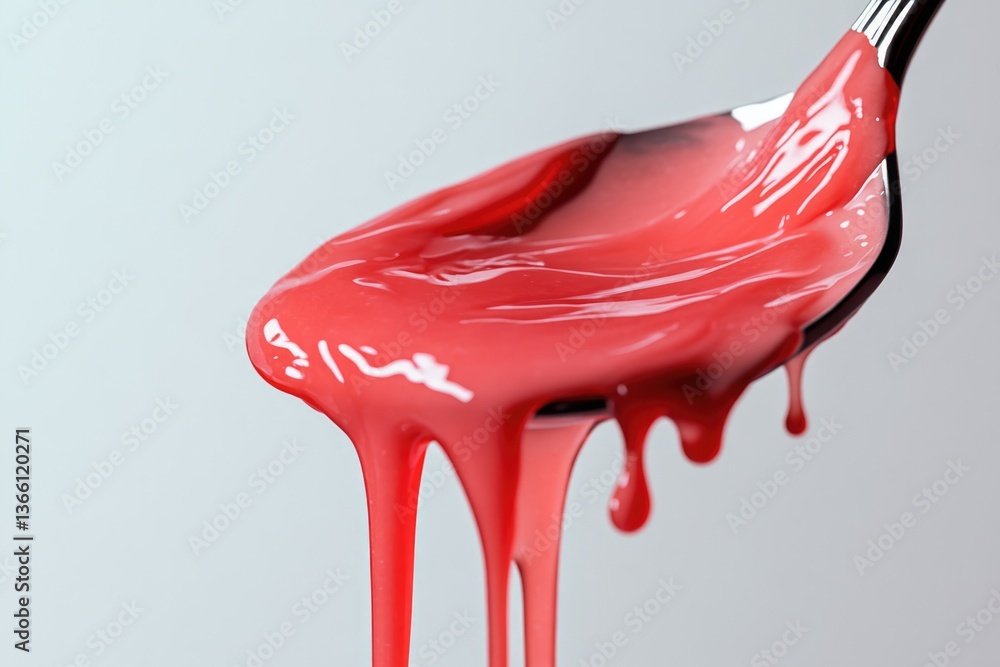 Poster red viscous liquid dripping from a spoon, creating a visually striking flow and texture.