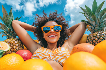 Happy woman with tropical fruits in sunlight.