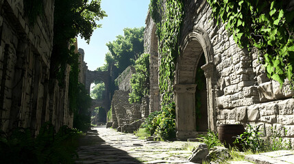 Fototapeta premium Sunlit Stone Passage With Green Ivy Covered Walls And Archways Under Blue Sky