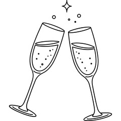 Champagne glasses toasting with sparkling champagne in black and white line art style for celebration and special occasions