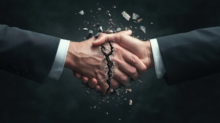 Broken Agreement: Two Businessmen Shaking Hands with Cracks, Symbolizing Failed Negotiations