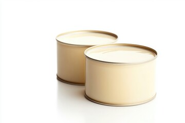 Two cans of creamy, light-colored liquid, possibly condensed milk, sit on a white background.