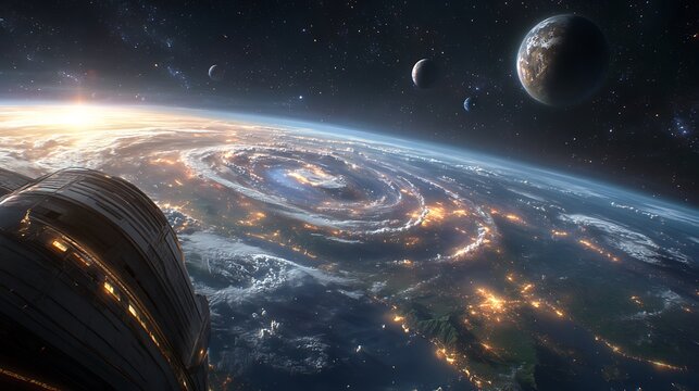 Earth with swirling atmospheric patterns and other celestial bodies viewed from space