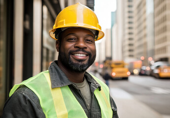 Fototapeta premium A construction worker wearing a yellow hard hat and reflective vest smiles confidently as he stands on a city street. Tall buildings and traffic create a bustling atmosphere around him