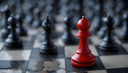 a red chess pawn on a background of black pawns