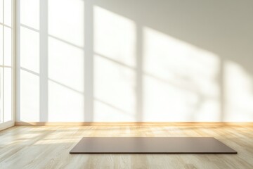serene home gym setup featuring minimal exercise equipment yoga mat on wooden flooring with ample natural light streaming