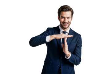 handsome businessman concept showing time out or pause gesture and smiling on white studio png transparent background