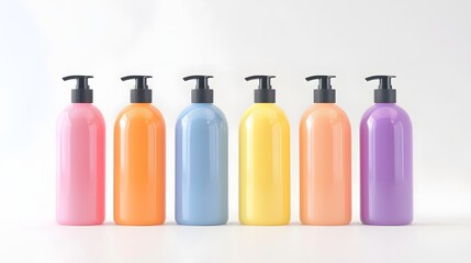 Assortment of colorful shampoo bottles on white background