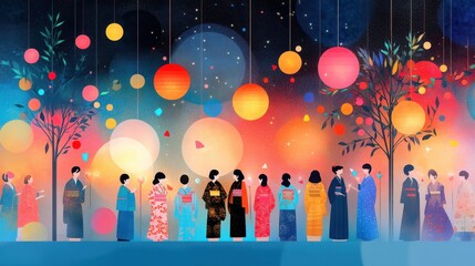 Japanese festival illustration with lanterns and people in yukatas under starry night sky
