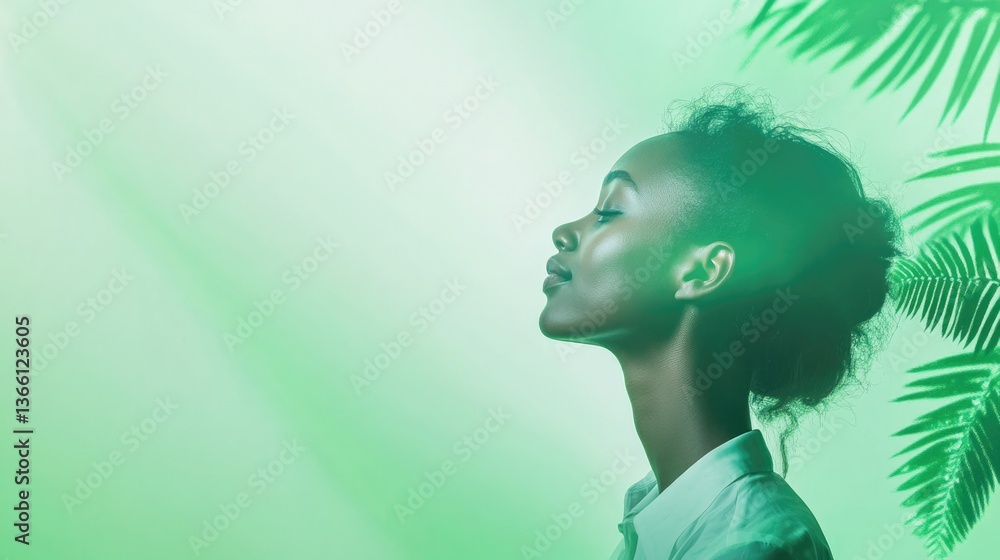 Poster serene portrait of person with green background featuring soft focus nature elements and ample copy 