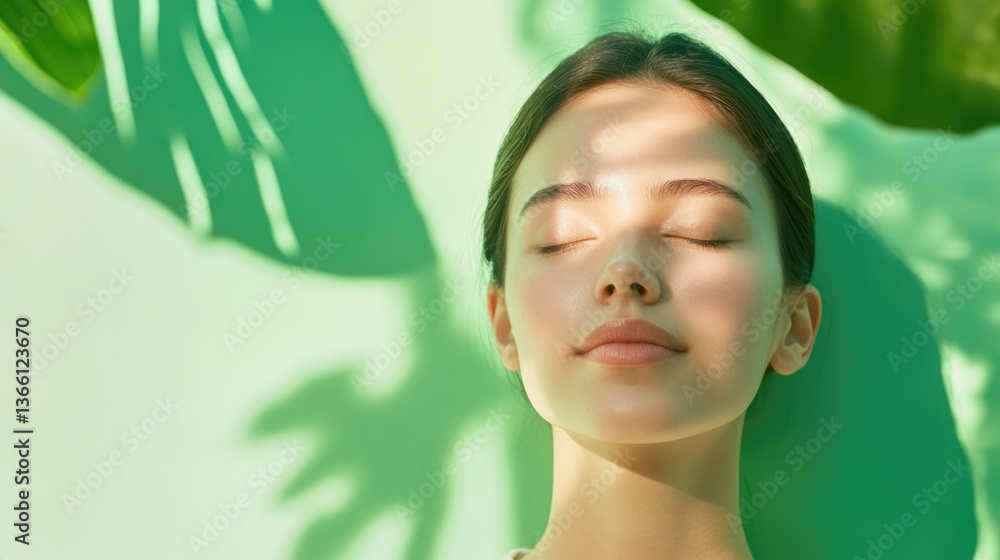 Aufkleber serene portrait of person with green background featuring soft focus nature elements and ample copy 
