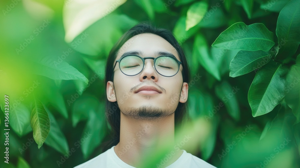Poster serene portrait of person with green background featuring soft focus nature elements and ample copy 