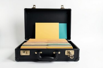 Locked briefcase, confidential files on white , background, files
