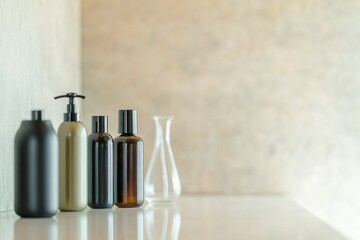 serene salon view centered on various high-end hair care products with pristine countertops textured backgrounds and