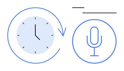 Clock encircled by arrow beside microphone, focusing on concepts of time tracking, scheduling, and voice recording. Ideal for productivity, podcasting, time management, scheduling, broadcasting