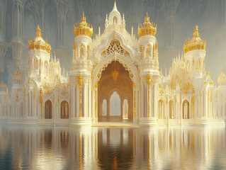 Obraz premium a grand, white and gold palace-like structure situated on a serene lake, with majestic mountains in the background. The architecture features intricate designs and multiple domes, creating a majestic 
