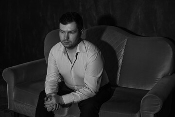 Modern guy of 30 years old, psychology portrait. Man in suit, European mix appearance