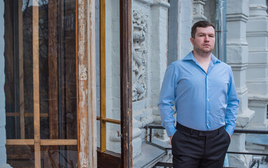 Modern guy of 30 years old, psychology portrait. Man in suit, European mix appearance