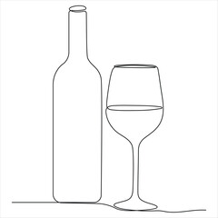 Wine bottle and wine glass drawing with one continuous line drawing vector illustration