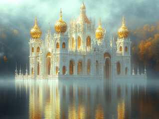 Obraz premium a grand, white and gold palace-like structure situated on a serene lake, with majestic mountains in the background. The architecture features intricate designs and multiple domes, creating a majestic 
