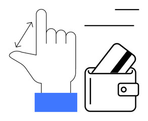 Obraz premium Hand gesturing swipe motion next to wallet with credit card. Ideal for digital transactions, NFC payments, contactless technology, financial apps, ecommerce, virtual wallets, fintech services. Line