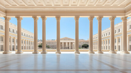 Fototapeta premium Elegant White Classical Architecture With Columns And Balcony Against Blue Sky With Bright Sunlight