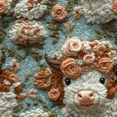 Fototapeta premium Whimsical Embroidery Art Featuring a Cute Cow Adorned with Flowers on Textured Blue Background