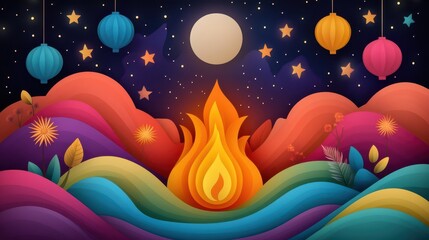 Vivid Holika Dahan Illustration: Bright Fire, Festive Lanterns, Colorful Landscape, and Starry Night Celebration