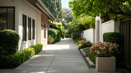 Long Pathway Lined With Lush Greenery And Blooming Flowers With Concrete Walkway Under Bright Sunlight