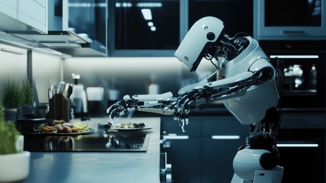 An AI powered robotic chef preparing gourmet meals in a high tech kitchen, sleek kitchen with real-time recipe tracking and automated cooking, Culinary technology style