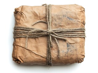 Obraz premium An old package tied with rope sitting on a white surface