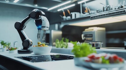 An AI powered robotic chef preparing gourmet molecular cuisine in a futuristic restaurant, sleek high-tech kitchen with precise automated cooking processes, Culinary technology style