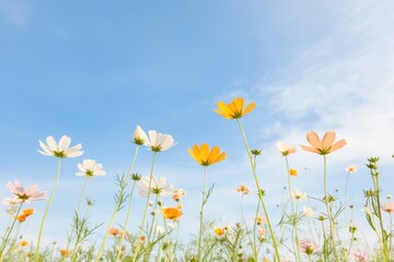 Fototapeta premium sun-drenched meadow filled with vibrant wildflowers swaying gently in breeze it conveys pure joy and simple happiness