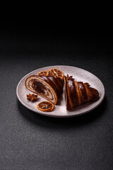Sweet fresh crispy croissant with chocolate filling