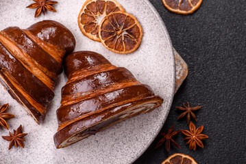 Sweet fresh crispy croissant with chocolate filling