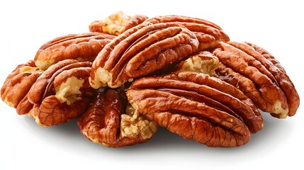 Close Up View of Freshly Harvested Pecans Piled Together on a White Background