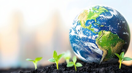 Earth Surrounded By Young Seedlings Growing In Rich Soil Against A Bright Background