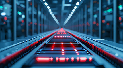 A futuristic, illuminated conveyor system showcasing vibrant red and blue lights in a modern industrial setting.