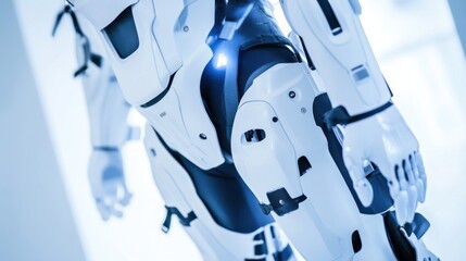 An AI powered robotic exoskeleton assisting in physical rehabilitation of patients, modern physiotherapy clinic with real-time recovery data and movement tracking, Medical technology style