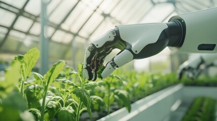 An AI powered robotic farming system growing crops in an advanced hydroponic greenhouse, sleek futuristic indoor farm with automated nutrient control, Agricultural technology style