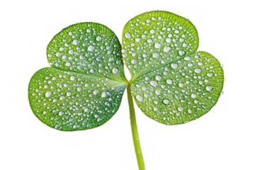 Macro shot of a vibrant three leaf clover with water droplets isolated on transparent background