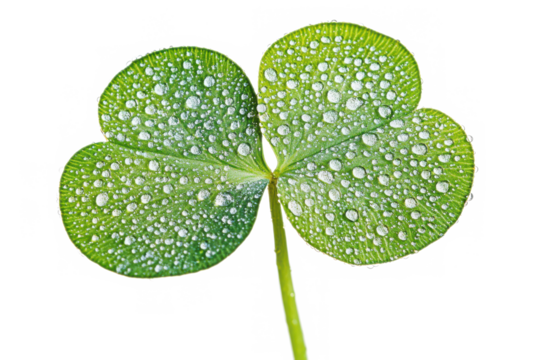 Macro shot of a vibrant three leaf clover with water droplets isolated on transparent background