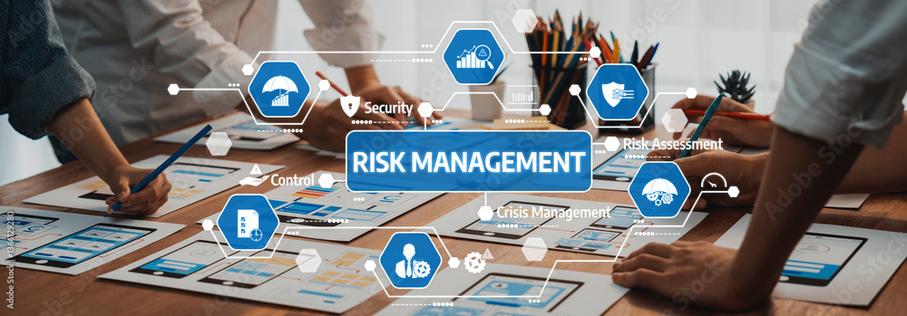 Poster A detailed visual representation showcasing various risk management strategies incorporating digital tools and teamwork for effective control and assessment in business environments. Amity